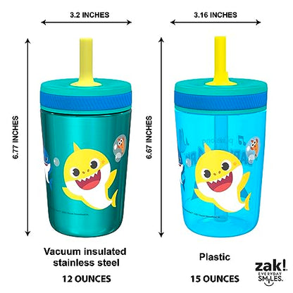 Zak Designs Baby Shark Kelso Tumbler Set, Leak-Proof Screw-On Lid with Straw, Bundle for Kids Includes Plastic and Stainless Steel Cups with Bonus Sipper (3pc Set, Non-BPA) (Pack of 12) - color: Baby Shark, size: 3 Piece Set (Pack of 12)