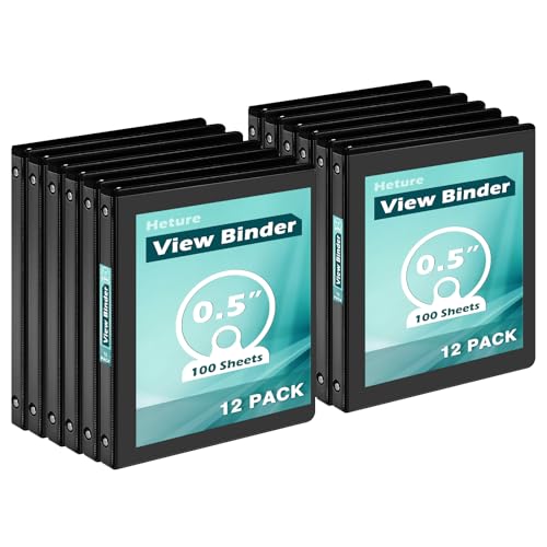 Heture 3 Ring Binder 0.5 Inch 12 Pack, 0.5" Clear View Round Ring Binders, PVC-Free, Holds for 100 Sheets 8.5"x 11" US Letter Size Paper, 1/2 in Durable Black Binders for Office,School and Home. - color: Black, size: 0.5 Inch