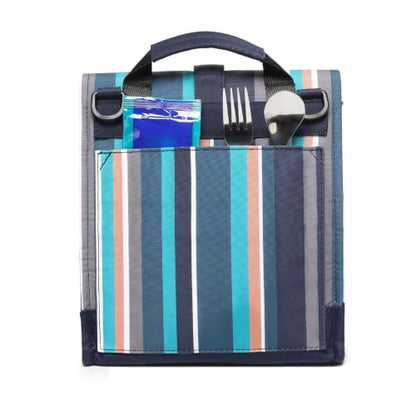SUNNY BIRD Insulated Lunch Bag Rolltop Lunch Box Tote Bag for Women, Men, Adults and Teens (Navy Teal Stripe) - color: Navy Teal Stripe