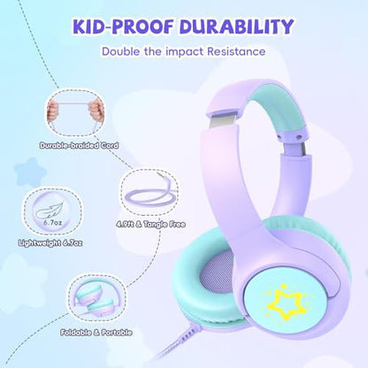 [Purple + Blue] Kids Headphones for School Travel, 85/94dB Volume Litmit, HD Mic Stereo Sound Wired Over-Ear Toddler Girls Boys Headphones for Kid, Foldable 3.5mm for Tablet