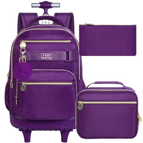 HPJGD 3PCS Girls Rolling Backpack, Womens Dark Purple School Backpacks with Wheels, Water Resistant Roller Kids Wheeled Bookbag Set - color: Classic Dark Purple Rolling Backpack Set