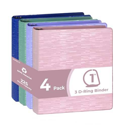POPRUN D Ring Binder 1 Inch, 3 Ring Heavy-Duty PVC-Free (Fit 225 ct. 8-1/2"x11" Paper), 4 Pack with 2 Pockets for School Office Supplies, Pastel - color: Multi-color, size: 1 inch