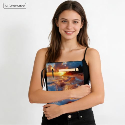 Padded Book Sleeve with Zipper & Front Pocket, Fabric Book Cover | Golden Sunset Beach Waves11.4"x8.7" Washable Canvas Pouch for Hardcovers, Tablets & Reading Accessories - color: Golden Sunset Beach Waves