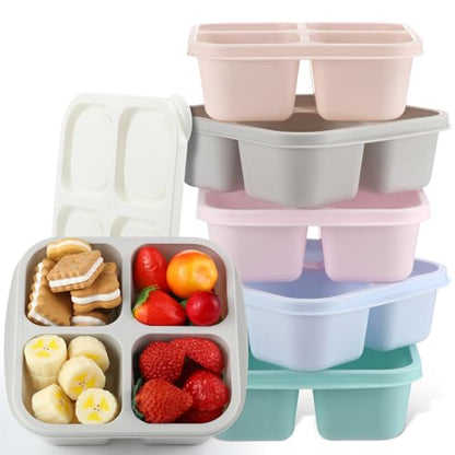 Honeydak 5 Pack Snack Containers 4 Compartment Bento Snack Boxes Reusable Lunchable Containers with Lids Divided Meal Prep Lunch Food Storage Box for School Work Travel(Macaroon,Equal) - color: Macaroon, style: Equal