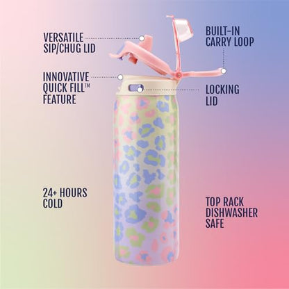 Ello Pop & Fill 18oz Stainless Steel Kids Water Bottle with Quick Fill Lid | Vacuum Insulated BPA Free Bottle with Leak Proof Straw and Chug Lid, Dishwasher Safe, Gift For Kids Teens, Cheetah - color: Cheetah, size: 18 Ounces