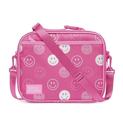 Simple Modern Hadley Lunch Box with Shoulder Strap | Kids & Adults | Insulated Bag with Pockets for Women, Men, Girls, Boys - color: Pattern: Pink Happy Faces