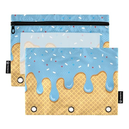 ALAZA Blue Ice Cream Pencil Pouch for 3 Ring Binder 2 Pack Zipper Binder Pencil Bag Case with Clear Window Office Supplies - color: multi2