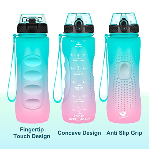 24 OZ Motivational Kids Water Bottle With Time Marker,Straw Lid,Leak Proof, Tritan BPA Free Sports Water Bottle Dark Green Pink (1 Lid) - color: Mint Dark Green Pink
