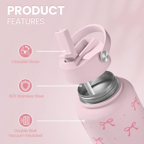 Pink Bow Water Bottle Stainless Steel Insulated Vacuum 32oz with Lid, Gifts for Women Girls Teens Birthday Christmas - color: Coquette Pink Bow