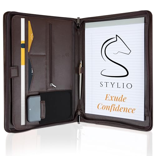 STYLIO Zipper Padfolio Portfolio Binder Organizer (Walnut Color) | Faux Leather Portfolio for Resume, Documents, Phone, Tablet, Business Supplies and Cards | Letter Sized Notepad Included | Brown - color: Walnut, style: Executive Zip-Up Portfolio
