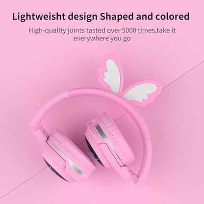 Kids Wireless Headphones with 7-Color RGB LED Lights, Long Playtime, Ultra-Soft Over-Ear for School Travel, Pink Butterfly Wings - color: Pink