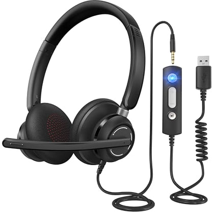 Wired Headphones with Microphone for PC, On-Ear Computer Laptop USB Headset with Noise Cancelling Microphone in-line Control for Home Office Online Class Skype Zoom, (3.5mm + USB)