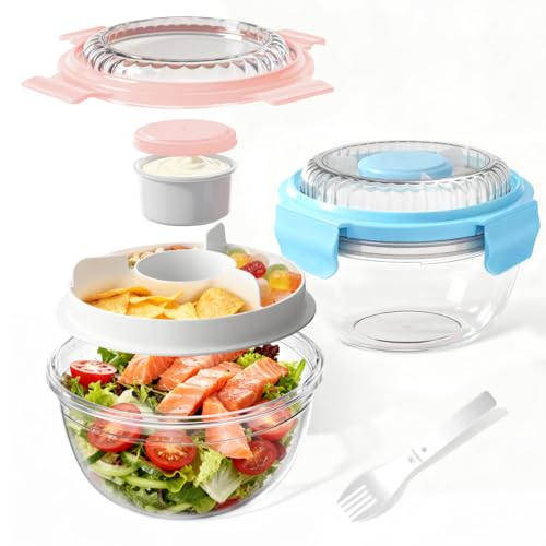 WHALEHOUSE 2-Pack 33 OZ Clear Eco-friendly SK chemicals ECOZEN Salad Container Sets, Portable Plastic Salad Bowls with Lid, Leak-Proof Dressing Container, Bento Lunch Box for Meal Prep & Food Storage - color: Pink+Blue