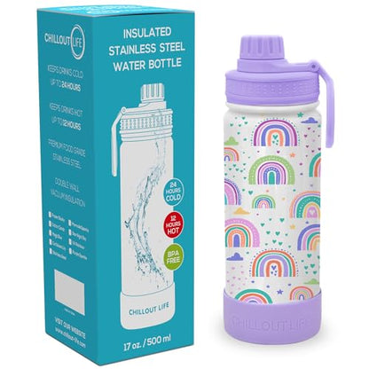CHILLOUT LIFE 17oz Kids Insulated Stainless Steel Water Bottle with Leak Proof Spout Lid & 144 Stickers - color: Rainbows, style: 17 oz