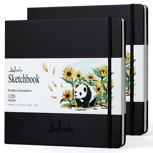 ALKALO Square Sketchbook for Drawing, 120 Pages Sketch Book, 122LB/180GSM Thick Paper, Mixed Media Sketchbook for Charcoal Pencil, Inks Pen, Colored Pencil, Acrylic Marker, Oil Pastel - color: Back, size: Small 2 PACK (5.5×5.5INCH)