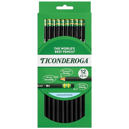 Ticonderoga Wood-Cased Pencils, Unsharpened, #2 HB Soft, Black, 12 Count - size: 12 Count (Pack of 1)