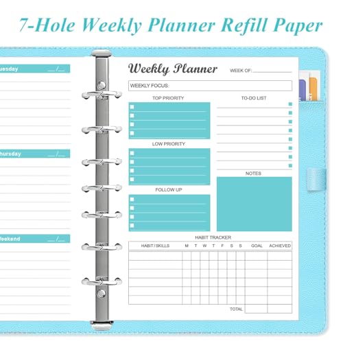7-Hole Weekly Planner Refills for Mini Binders - 53 Sheets/106 Pages Weekly Planner Paper, 100 gsm White Paper, Lasts 1 Year, Undated, 5.8" x 8.3", Teal - size: 1-Pack, style: 7-Hole/Desk Size 4