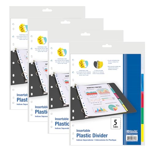 BAZIC Products Binder Dividers, 5 Insertable Color Tabs, 4-Pack | 5 insertable clear color tabs with white label inserts, reinforced 3-hole edge fits 3-ring binders - color: Color Dividers (5-tabs), size: 4-Pack