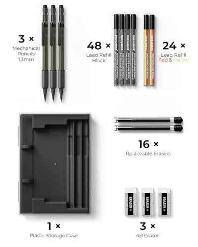 Four Candies 1.3mm Metal Mechanical Pencil Set with 72 Lead Refill, 3PCS | Weatherproof Body, Heavy Duty, 3 Erasers, 16 Eraser Refills, for Outdoor Construction Woodworking Drafting Marking with Case - size: 3-Pack, style: Olive Green