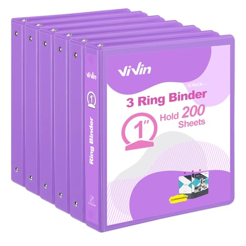 ViVin 1 Inch Round Ring View Binder for Durability, Standard 3 Ring Binder for 200 Sheets of US Letter Size Paper, PVC-Free, 6-Pack (Purple) - color: Purple, size: 1 Inch, style: 6 pack