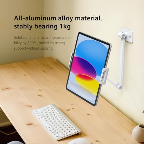 BEWISER Adjustable Tablet Wall Mount Holder, Swivel 360 Rotating, Compatible with 4.7-12.9 inch Devices, High-Grade Aluminium Alloy, White - color: White