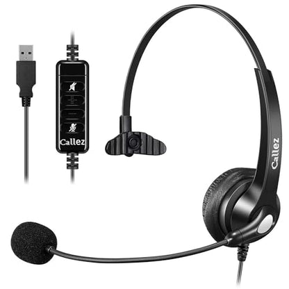 Callez USB Headset with Microphone Noise Cancelling & Audio Controls, Wideband Computer Headphones for Business UC Skype Lync Softphone Call Center Office, Clearer Voice, Super Light, Ultra Comfort