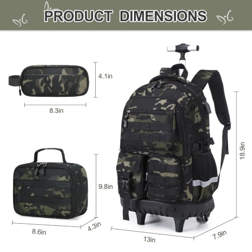 DIGOBAY Camo Rolling Backpack for Boys, 3PCS Tactical Kids Rolling Backpack Set with Lunch Bag & Pencil Case, Boys Wheeled School Bookbag for Elementary, Middle, High School - color: Camouflage Black/Gray
