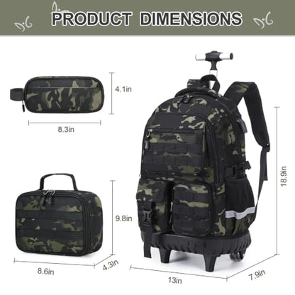 DIGOBAY Camo Rolling Backpack for Boys, 3PCS Tactical Kids Rolling Backpack Set with Lunch Bag & Pencil Case, Boys Wheeled School Bookbag for Elementary, Middle, High School - color: Camouflage Black/Gray