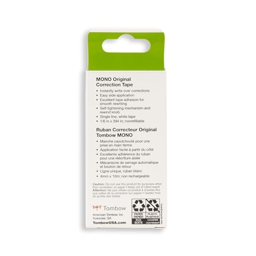 Tombow 68627 MONO Correction Tape, Non-refillable, White, 1/6" x 394", 2 Count (Pack of 1) - size: 2 Count (Pack of 1)