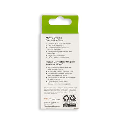 Tombow 68627 MONO Correction Tape, Non-refillable, White, 1/6" x 394", 2 Count (Pack of 1) - size: 2 Count (Pack of 1)