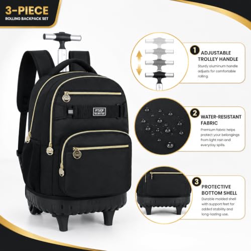 HPJGD 3PCS Rolling Backpack for Girls and Boys, Black School Backpacks with Wheels, Water Resistant Roller Wheeled Bookbag Set for Women Men - color: Classic Black Rolling Backpack Set