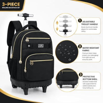 HPJGD 3PCS Rolling Backpack for Girls and Boys, Black School Backpacks with Wheels, Water Resistant Roller Wheeled Bookbag Set for Women Men - color: Classic Black Rolling Backpack Set