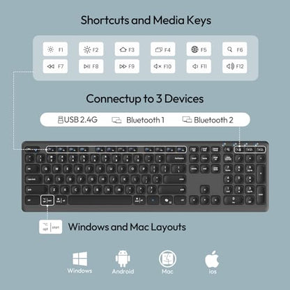 Wireless Keyboard Mouse Combo, Scissor-Switch Keys, 2-in-1 USB Receiver and Two Bluetooth, Multi Device Silent Design for Computer, Laptop, MacBook and iPad (Graphite) - color: Graphite
