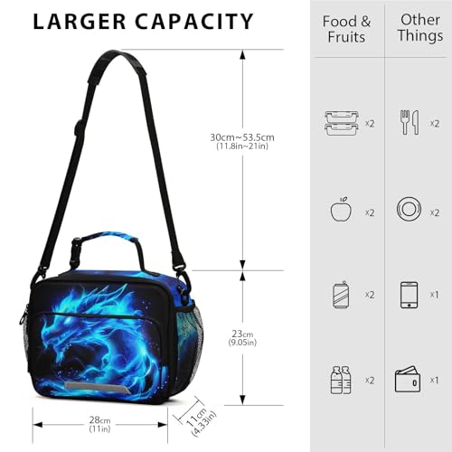 Blue Flame Dragon Kids Lunch Box Insulated Lunch Bags Cooler Tote Bag with Removable Shoulder Strap for Boy Girl Student 20856137 - color: Blue Dragon
