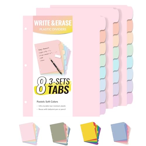 Sooez 8 Tabs Long-Lasting Plastic Write & Erase Large Tabs Dividers for 3 Ring Binder, Aesthetic Cute Pastels Binder Dividers for Student, Teacher, Office, Home Organizers, 3 Sets, Pastels Color - color: Pastels Color, size: 3 Sets