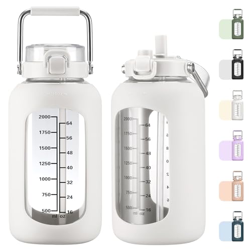 MUKOKO 84oz Glass Water Bottle with Time Marker and Silicone Sleeve 2.5L Water Jug with Stainless Steel Handle Gallon Drinking Bottle with 2-in-1 Lid Wide Mouth BPA Free, White - color: White, size: 84 Ounces