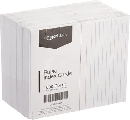 Amazon Basics Ruled Lined Index Cards for Study, Notes and Recipes, White, 3" x 5", 1000 Count (Pack of 100) - size: 100 Pack (10000 Count), style: Ruled, 3x5, 1000 Count