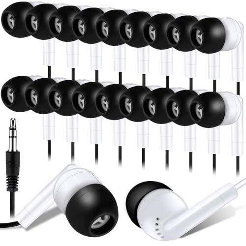 Kanayu 100 Pack Wired Earbuds Bulk for Classroom Ear Headphones Wired Basic Student Earbuds No Microphone with 3.5MM Jack for Class Laptop School Library, Individually Bagged (Black White) - color: Black White