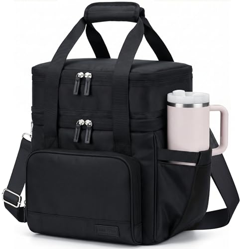 HOMESPON Double Layer Lunch Bag for Women Men, 14L Large Insulated Lunch Box with Shoulder Strap, Expandable Cooler Tote with Cup Holder for Work Office Picnic, Black - color: Black