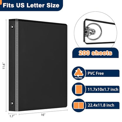 SUIN 1-inch 3 Ring Binder with Durable -Premium 1'' Binders with 3 Roung Ring, Large 200 Sheet Capacity, Fit 8.5" x 11" US Letter Size Paper (1'' -Black 12 Packs) - size: 1'' -Black 12 Packs