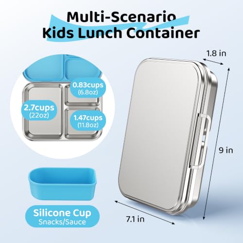 Pawtong Stainless Steel Bento Box for Kids and Adults, 3 Compartment Leakproof Lunch Box with Removable Silicone Seal and Silicone Contianer, Metal Lunch Container for School, Work and Travel (Blue) - color: Blue
