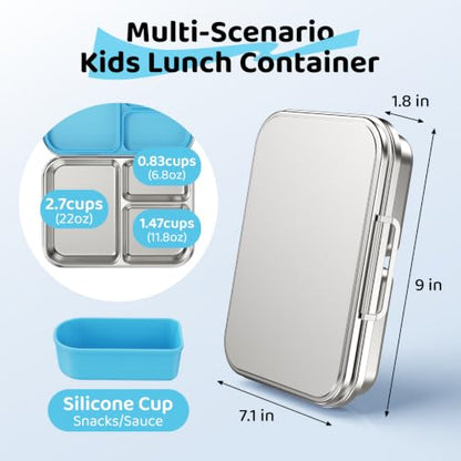 Pawtong Stainless Steel Bento Box for Kids and Adults, 3 Compartment Leakproof Lunch Box with Removable Silicone Seal and Silicone Contianer, Metal Lunch Container for School, Work and Travel (Blue) - color: Blue