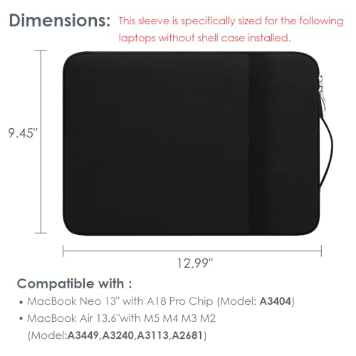 13-Inch Laptop Sleeve Case for 2026 MacBook Neo 13 Inch with A18 Pro Chip (A3404) & MacBook Air 13.6" with Separate Zippered Pocket and Sturdy Fabric Handle Carrying Canvas Bag Accessories (Black) - color: Black
