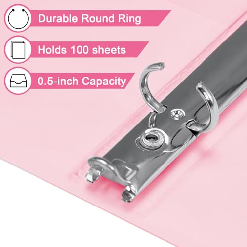 SUIN 1/2-Inch 3 Ring Binders with 2 Interior Pockets, Basic 0.5'' Binders Holds 100 Sheets Letter Size, Office School Home, 6 Pack - color: Pink