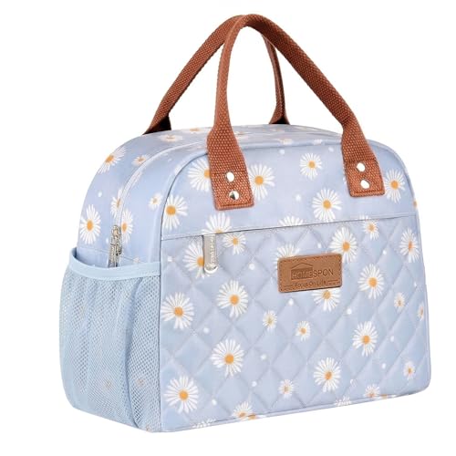 HOMESPON Insulated Lunch Bag for Women Men, Cooler Tote Box, Blue Daisy | Front Pocket, Side Mesh Pockets, Reusable, for Work, Picnic, Food Container - color: Blue Daisy