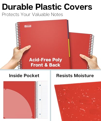 Dunwell 3-Subject Spiral Notebook College Ruled 8.5x11 (Red), 150 Sheets (300 Pages), Tabs, Color Movable Divider Pockets, Protective Plastic Covers, 3-Hole Punched Tear-Off Paper - color: Red