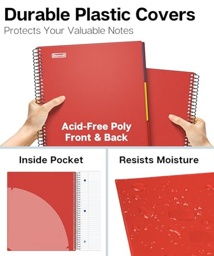 Dunwell 3-Subject Spiral Notebook College Ruled 8.5x11 (Red), 150 Sheets (300 Pages), Tabs, Color Movable Divider Pockets, Protective Plastic Covers, 3-Hole Punched Tear-Off Paper - color: Red