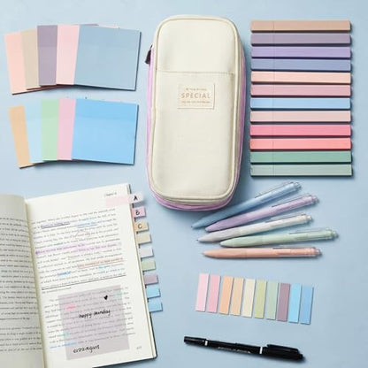 Jutom 39 Pcs Aesthetic Book Annotation Kit Highlighter with Case Bag Gel Pen Transparent Sticky Note Taking Bible Supplies(Purple,Cute Style) - color: Purple Beige, style: Cute Style