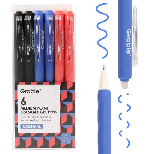 Grabie Erasable Gel Pens, Medium Point 0.7 mm Erasable Pens, Make Mistakes Disappear for Drawing Writing Planner, Pack of 6, Black/Blue/Red - color: Black/Blue/Red