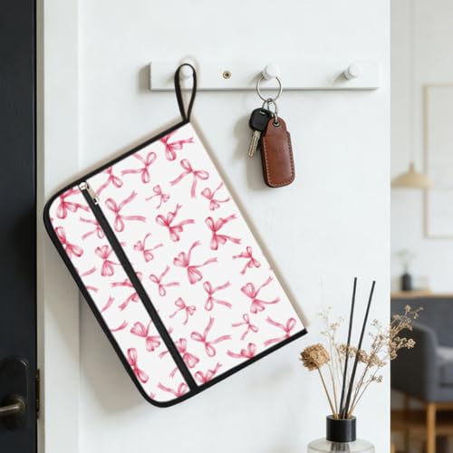 WEBEEDY Portable 13 Pockets Expanding File Folder with Labels and Zipper, Pink Bow Prints Document Folder Cute Accordion File Organizer for A4 Paper Letter Receipt Paperwork Office, Back to School